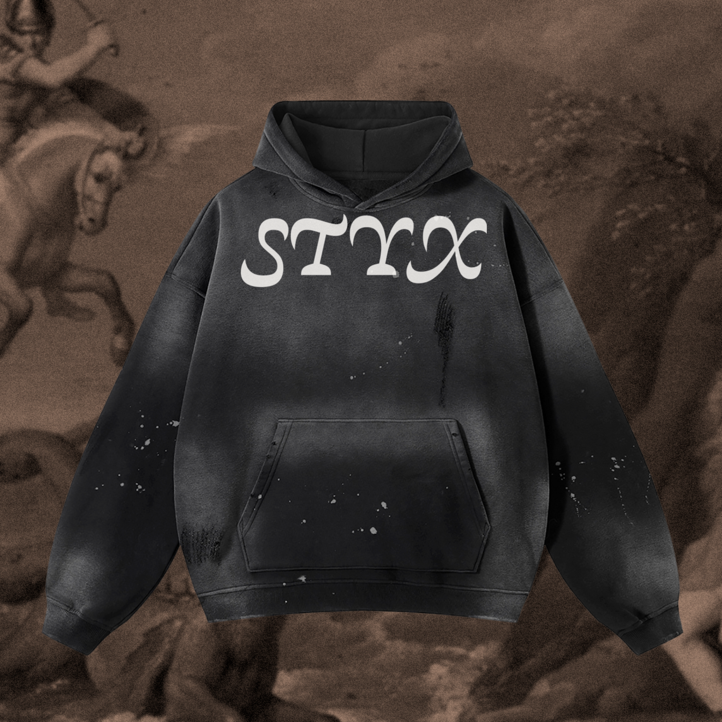 ミュージシャン HYSFORM Stitching Logo Hoodis Washed Black Hoodie – Heavyweight 360GSM Graphic Fleece by STYX