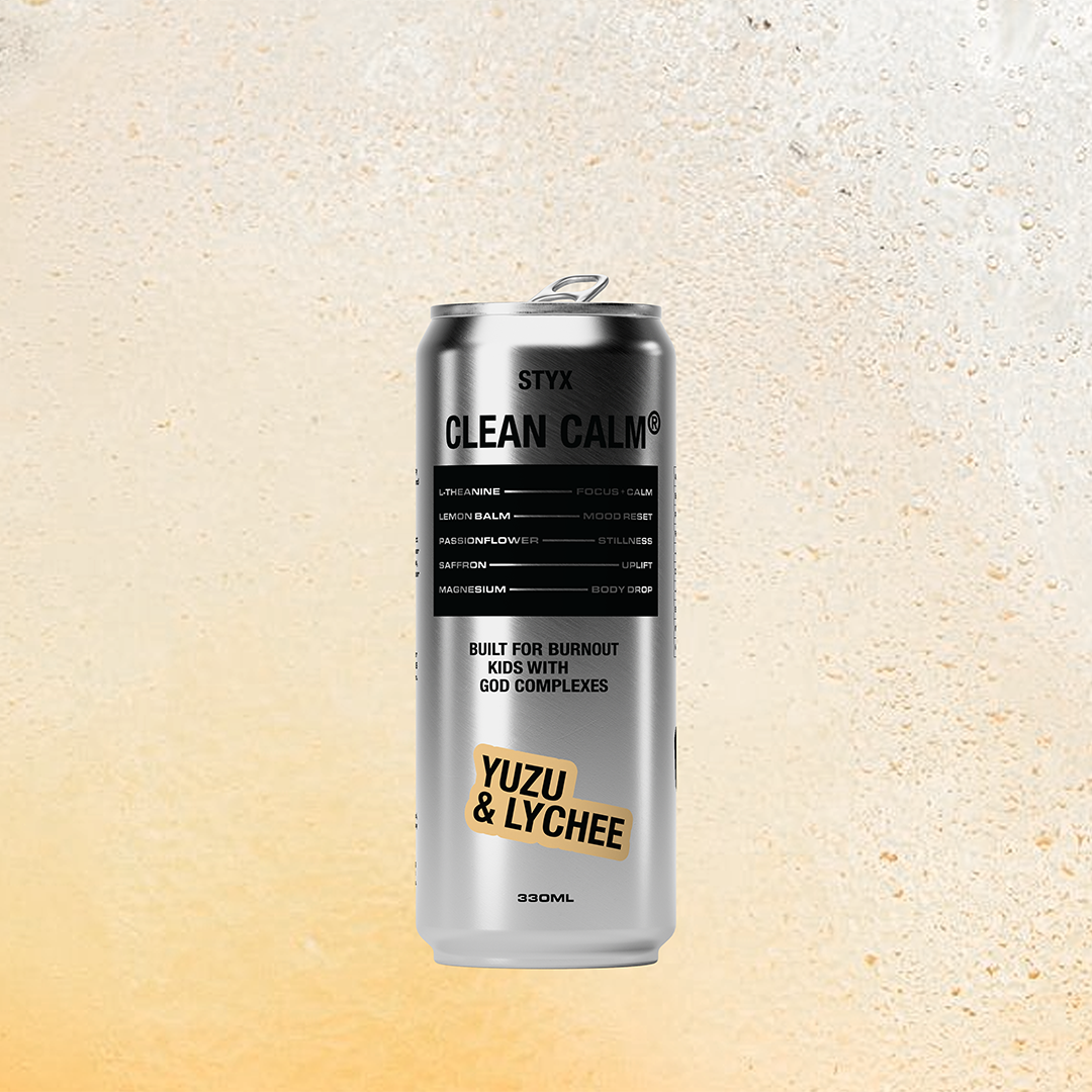 Can of Yuzu & Lychee flavor on a textured beige background